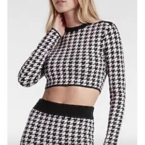 Express Women Xs Cropped Sweater Houndstooth Long Sleeve Black Pinky-White